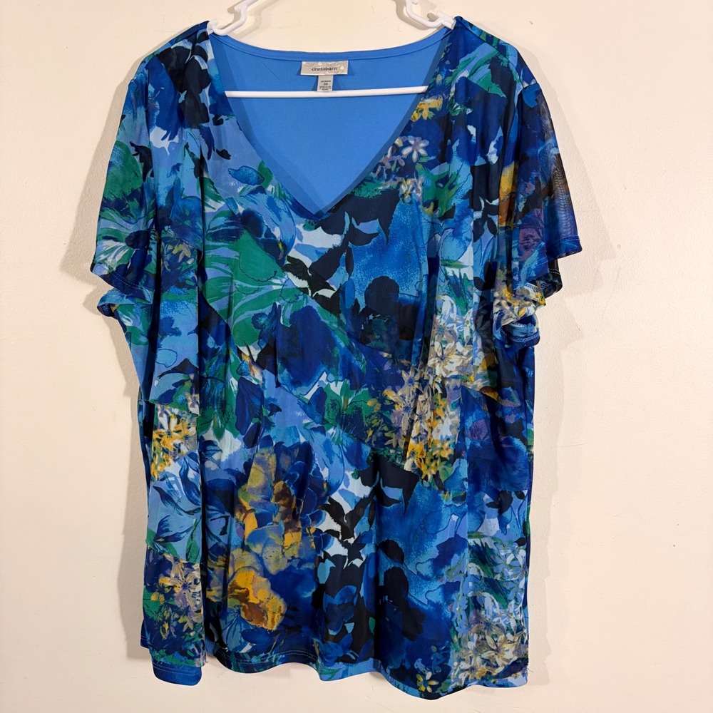 Dressbarn Floral Blouse Woman 3X Blue Green V-Neck Layered Mesh Top RN80675